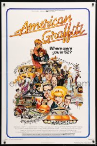 7b081 AMERICAN GRAFFITI 1sh 1973 George Lucas teen classic, Mort Drucker montage art of cast!