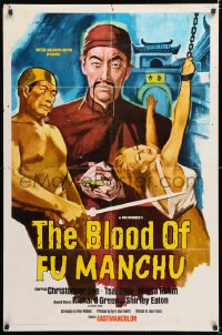 7b169 BLOOD OF FU MANCHU int'l 1sh 1969 art of Asian villain Christopher Lee & girl tortured!