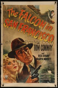 7b339 FALCON IN SAN FRANCISCO 1sh 1945 cool artwork of detective Tom Conway with smoking gun!