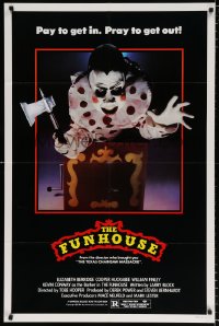 7b382 FUNHOUSE 1sh 1981 Tobe Hooper, creepy carnival clown jack-in-the-box with axe horror image!