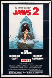 7b537 JAWS 2 1sh 1978 great classic art of giant shark attacking girl on water skis by Lou Feck!