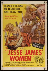 7b544 JESSE JAMES' WOMEN 1sh 1954 classic catfight art, women wanted him more than the law!