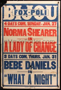 7b573 LADY OF CHANCE/WHAT A NIGHT 1sh 1920s local theater double-bill printing by Van Dyck & Co.!