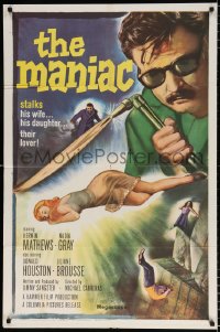 7b644 MANIAC 1sh 1963 Kerwin Mathews, Hammer, he stalks his wife, his daughter, their lover!