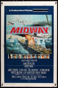 7b659 MIDWAY NSS style 1sh 1976 Charlton Heston, Henry Fonda, dramatic naval battle art!