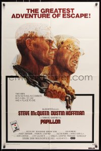 7b735 PAPILLON 1sh 1973 prisoners Steve McQueen & Dustin Hoffman by Tom Jung, Allied Artists!