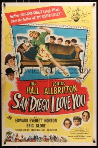 7b809 SAN DIEGO I LOVE YOU 1sh 1944 Jon Hall & Louise Allbritton in an out-and-shout laugh affair!