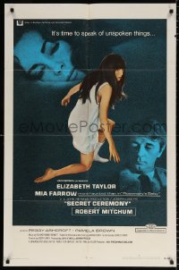 7b818 SECRET CEREMONY 1sh 1968 Elizabeth Taylor, Mia Farrow, Robert Mitchum, blue background!