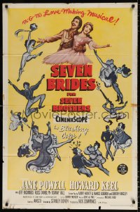 7b826 SEVEN BRIDES FOR SEVEN BROTHERS 1sh R1962 art of Jane Powell & Howard Keel, classic musical!