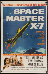 7b851 SPACE MASTER X-7 1sh 1958 satellite terror strikes the Earth, cool art of rocket ship!