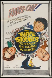 7b920 THREE STOOGES GO AROUND THE WORLD IN A DAZE 1sh 1963 wacky art of Moe, Larry & Curly-Joe!