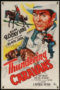 7b923 THUNDERING CARAVANS 1sh 1952 great artwork of cowboy Rocky Lane w/smoking gun & Black Jack!