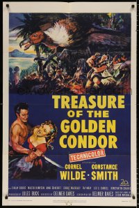 7b938 TREASURE OF THE GOLDEN CONDOR 1sh 1953 art of Cornel Wilde grabbing girl & attacked by snake!