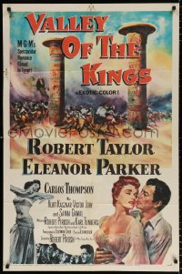 7b957 VALLEY OF THE KINGS 1sh 1954 cool art of Robert Taylor & Eleanor Parker in Egypt!