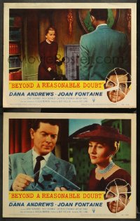 7c769 BEYOND A REASONABLE DOUBT 2 LCs 1956 Fritz Lang directed noir, Dana Andrews & Joan Fontaine!