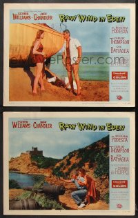 7c924 RAW WIND IN EDEN 2 LCs 1958 sexy Esther Williams, Jeff Chandler, two great beach scenes!