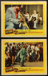 7c938 SATCHMO THE GREAT 2 LCs 1957 wonderful image of Louis Armstrong playing his trumpet, laughing!