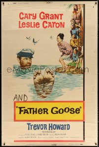 7d270 FATHER GOOSE style Y 40x60 1965 art of pretty Leslie Caron laughing at sea captain Cary Grant!