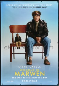 7d209 WELCOME TO MARWEN DS bus stop 2018 directed by Robert Zemeckis, seated Steve Carell!