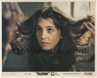 7f009 ASYLUM 8x10 mini LC #5 1972 close up of bloody Barbara Parkins holding out her hair!