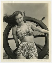 7f340 ELLA RAINES 8.25x10 still 1944 super sexy portrait in two piece swimsuit by ship's wheel!