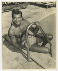 7f394 GEORGE NADER deluxe 8x9.75 still 1950s great barechested c/u smiling by his swimming pool!