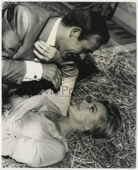 7f416 GOLDFINGER 8x10 still 1964 c/u of Sean Connery as James Bond & sexy Honor Blackman in hay!