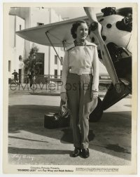 7f789 ROAMING LADY 8x10.25 still 1936 female aviatrix Fay Wray smiling by propellor plane!