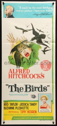 7g691 BIRDS Aust daybill 1963 director Alfred Hitchcock shown, Tippi Hedren, attack artwork!