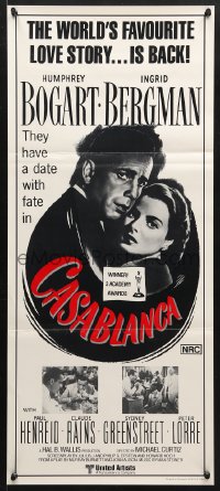 7g712 CASABLANCA Aust daybill R1980s Humphrey Bogart, Ingrid Bergman, Michael Curtiz classic!