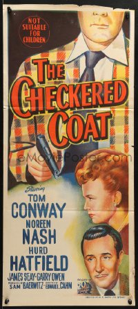7g715 CHECKERED COAT Aust daybill 1948 Tom Conway, Noreen Nash, art of faceless killer w/ smoking gun!