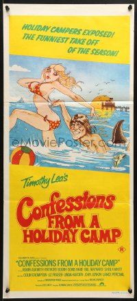 7g725 CONFESSIONS FROM A HOLIDAY CAMP Aust daybill 1977 Robin Askwith, wacky sexy artwork!