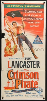 7g731 CRIMSON PIRATE Aust daybill 1952 great image of barechested Burt Lancaster swinging on rope!