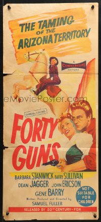 7g780 FORTY GUNS Aust daybill 1957 Samuel Fuller, art of Barbara Stanwyck & Barry Sullivan on horseback!