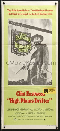 7g808 HIGH PLAINS DRIFTER Aust daybill 1973 Clint Eastwood holding gun & whip!