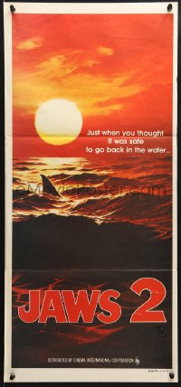 7g988 JAWS 2 teaser Aust daybill 1978 classic art of man-eating shark's fin in red water at sunset!
