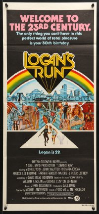 7g849 LOGAN'S RUN Aust daybill 1976 art of Michael York & Jenny Agutter escaping by Charles Moll!