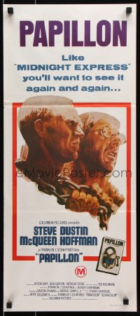 7g883 PAPILLON Aust daybill R1970s art of prisoners Steve McQueen & Dustin Hoffman by Tom Jung!