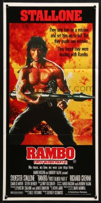 7g899 RAMBO FIRST BLOOD PART II Aust daybill 1985 no man, no law, no war can stop Stallone!