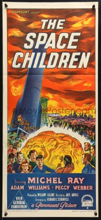 7g930 SPACE CHILDREN Aust daybill 1958 Arnold, Richardson Studio art of kids, rocket & alien brain!