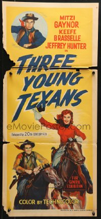 7g952 THREE YOUNG TEXANS Aust daybill 1954 art of Mitzi Gaynor, Keefe Brasselle & Jeff Hunter!