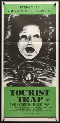 7g956 TOURIST TRAP Aust daybill 1979 Charles Band, wacky horror image of masked woman with camera!