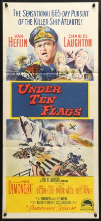 7g959 UNDER TEN FLAGS Aust daybill 1960 art of Van Heflin, Charles Laughton & sexy Mylene Demongeot!
