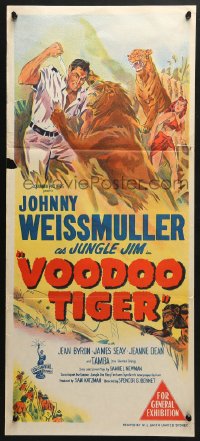 7g968 VOODOO TIGER Aust daybill 1952 great art of Johnny Weissmuller as Jungle Jim vs big cats!
