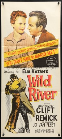 7g974 WILD RIVER Aust daybill 1960 directed by Elia Kazan, Montgomery Clift embraces Lee Remick!