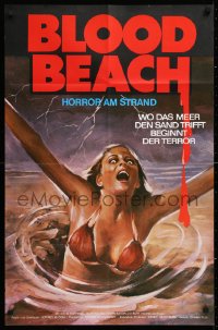 7g388 BLOOD BEACH German 1981 classic Jaws parody art of girl in bikini sinking in quicksand!