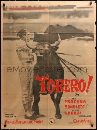 7g260 TORERO Mexican poster 1957 Mexican Matadors, art of Luis Procuna in arena of sand, savagery & blood!