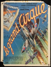 7j305 LE GRAND CIRQUE French 24x32 1950 great art of WWII pilots watching planes in the sky!