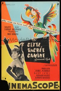 7j324 THAT NAUGHTY GIRL French 20x30 1958 cool image of sexy Brigitte Bardot and art of parrot!