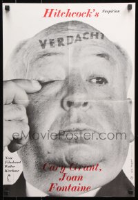 7j263 SUSPICION German 16x23 R1970s Cary Grant, great image of Alfred Hitchcock!